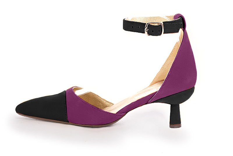 Matt black and mulberry purple women's open side shoes, with a strap around the ankle. Tapered toe. Medium spool heels. Profile view - Florence KOOIJMAN